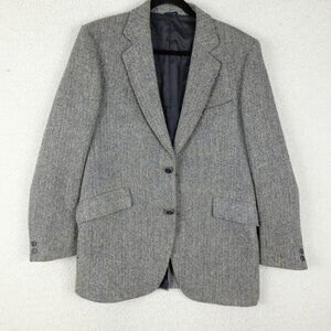 Harris Tweed Blazer Mens 42R Black White Herringbone Two Button Vented Vintage
